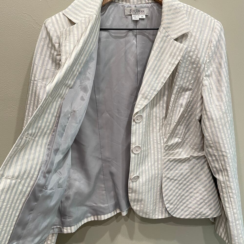 Kay Unger Women’s Striped Silk Blazer in White Grey - Plus Size: 14 - Picture 5 of 8